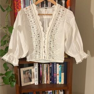 Free People White Lace-Trim Button-Down Peasant Blouse - SZ XS